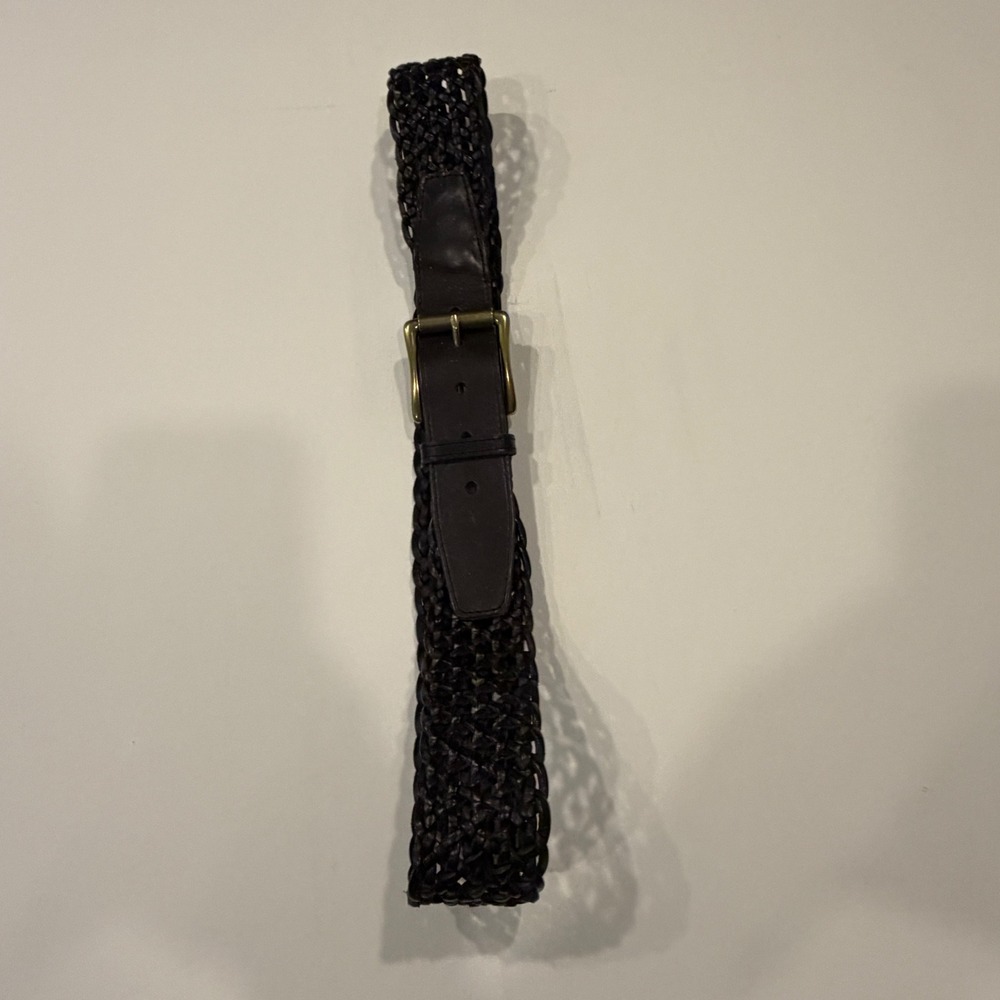 Talbots DkBrown M Leather Woven Braided Belt Brass Buckle Boho Equestrian